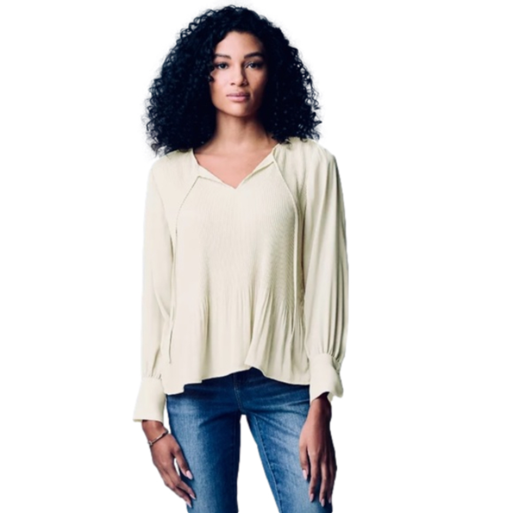 VERA WANG Simply Vera Blouse Micro Pleat Split Tie Neck Vanilla Ice Women Size L